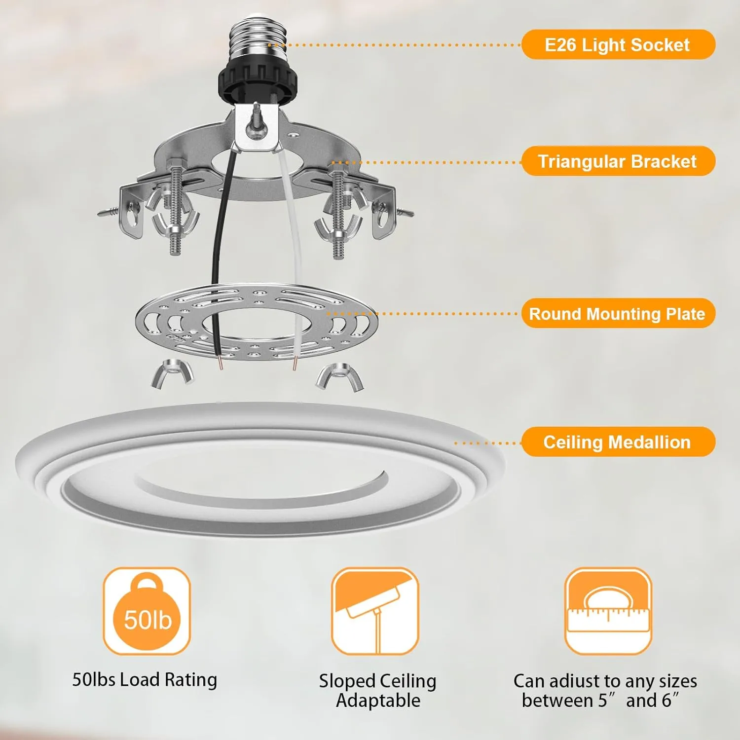 R5 and 6 Recessed Can Light Conversion Kit, for Ceiling Light Fixture, Pendant Light, Hanging Light, Ceiling Fan, with 7’¾ Beveled & Flat, Steel, Medallion, White Finish
