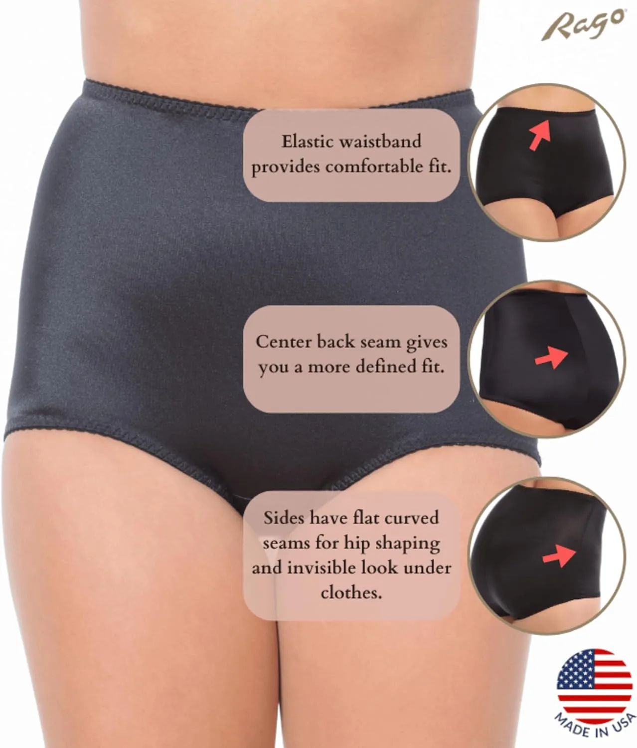 Rago 511 Light Shaping Brief | Size Sm - 14XL | Made in USA | High-Rise, Tummy Control, No Show Seams, Cotton Crotch