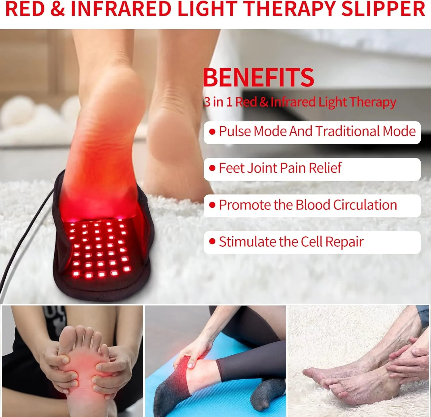 Red & Infrared Light Therapy Slipper with Pulse Mode for Feet Heel Toes, Newest 660 & 880nm Flat LED Lights Pain Relief Muscle Relax Home Office Use (Two Pads)