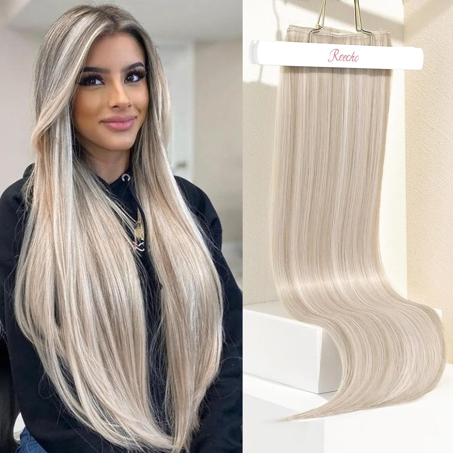 REECHO Clip in Hair Extensions, Hair Extensions Thick Long Lace Weft Lightweight Synthetic Hairpieces for Women 24 Inch-240 Gram(Pack of 5), Ash Blonde with Highlights