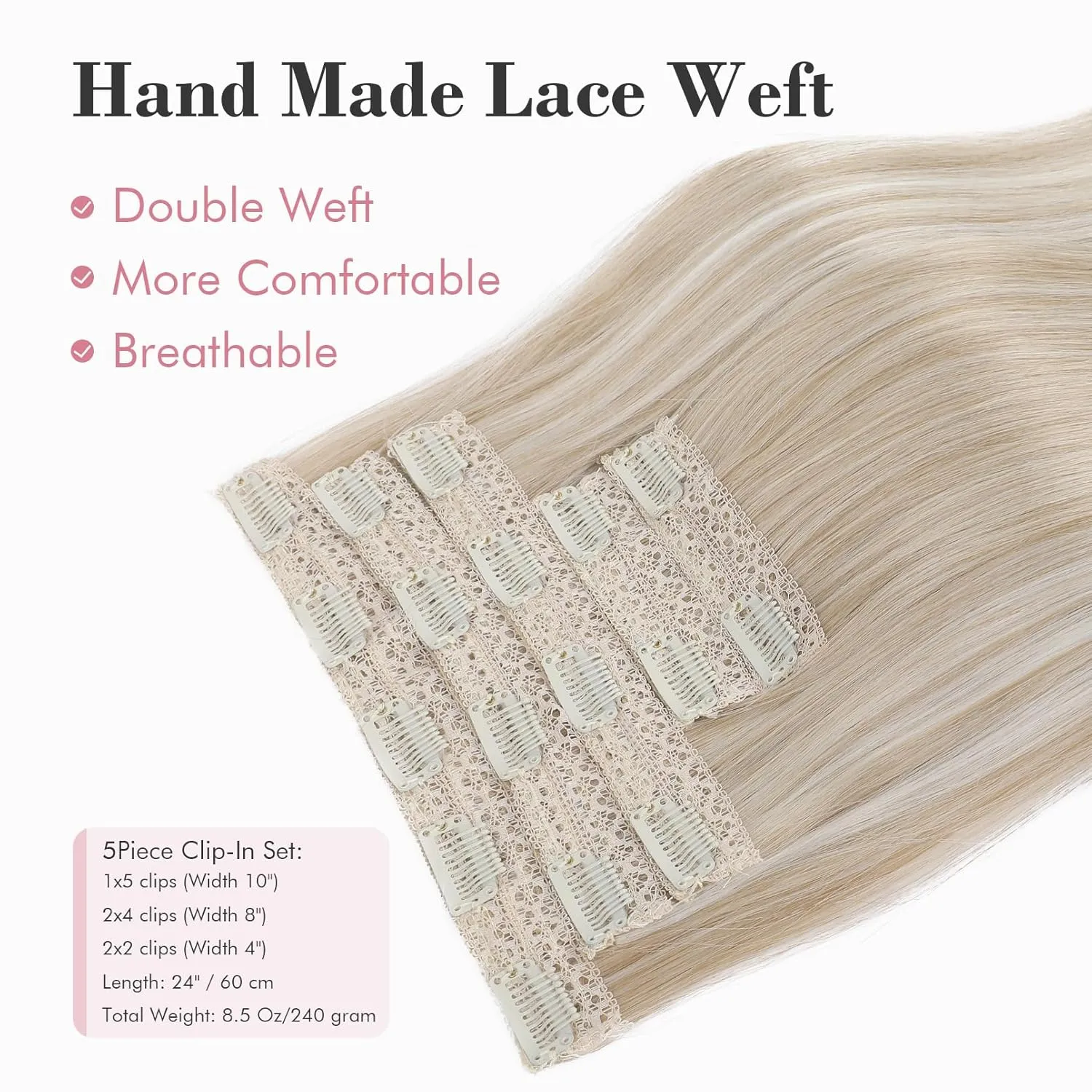 REECHO Clip in Hair Extensions, Hair Extensions Thick Long Lace Weft Lightweight Synthetic Hairpieces for Women 24 Inch-240 Gram(Pack of 5), Ash Blonde with Highlights