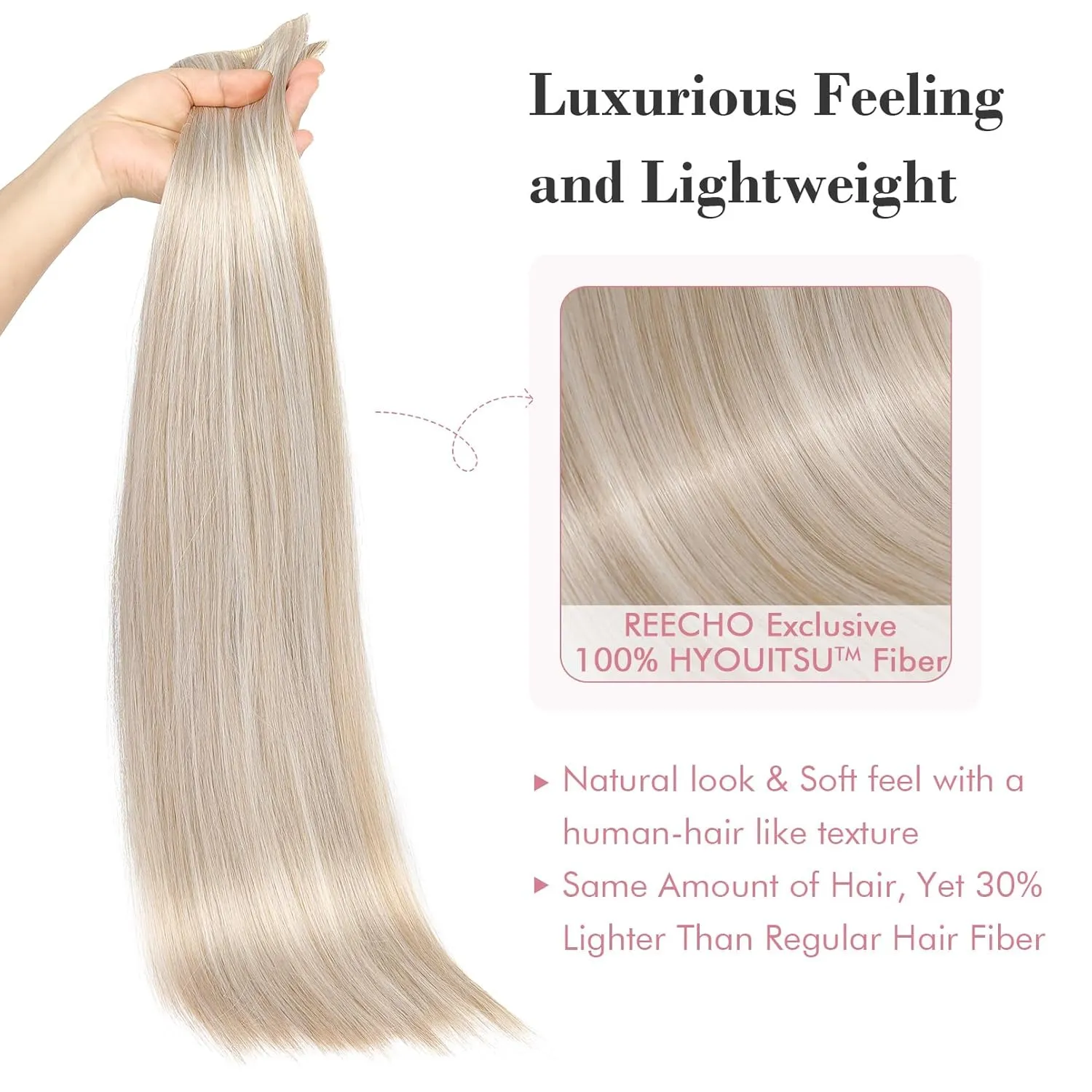 REECHO Clip in Hair Extensions, Hair Extensions Thick Long Lace Weft Lightweight Synthetic Hairpieces for Women 24 Inch-240 Gram(Pack of 5), Ash Blonde with Highlights