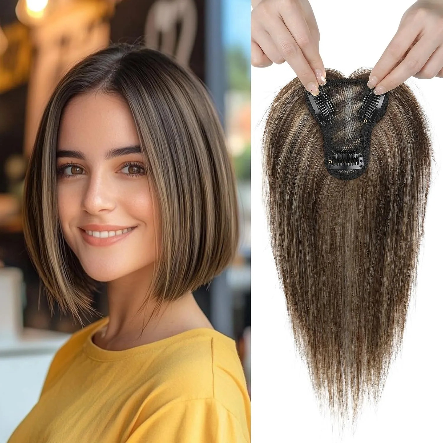 REECHO Human Hair Topper, 10 Inch Hair Toppers for Women Real Human Hair, Real Human Wiglet Adding Targeted Coverage for Thinning Hair, Chestnut Brown with Highlights