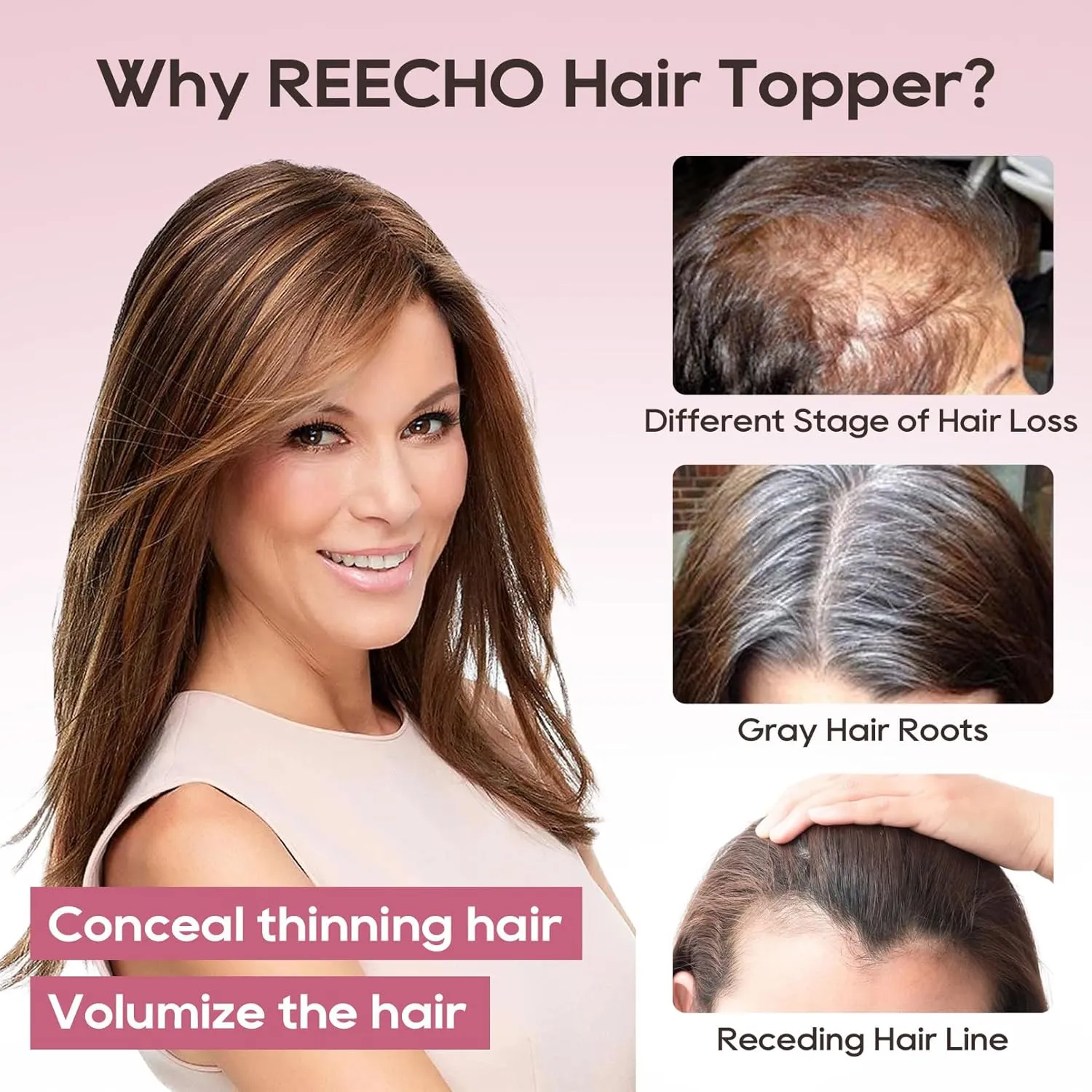 REECHO Human Hair Topper, 10 Inch Hair Toppers for Women Real Human Hair, Real Human Wiglet Adding Targeted Coverage for Thinning Hair, Chestnut Brown with Highlights