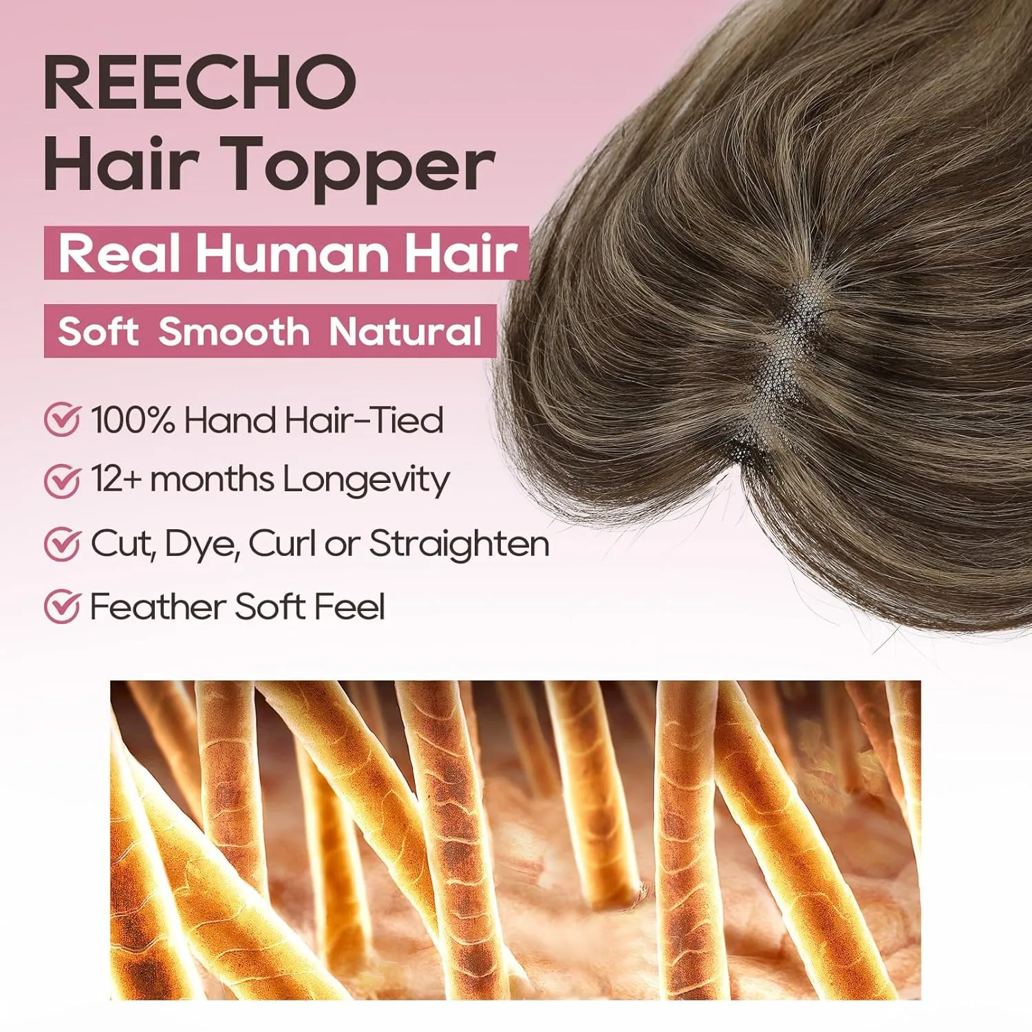 REECHO Human Hair Topper, 10 Inch Hair Toppers for Women Real Human Hair, Real Human Wiglet Adding Targeted Coverage for Thinning Hair, Chestnut Brown with Highlights