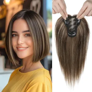 REECHO Human Hair Topper, 10 Inch Hair Toppers for Women Real Human Hair, Real Human Wiglet Adding Targeted Coverage for Thinning Hair, Chestnut Brown with Highlights