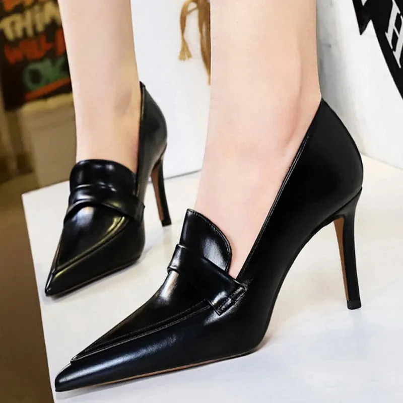 Retro Pointed Toe Women Pumps Leather Shoes High Heels Versatile Stilettos Elegant Women Heels