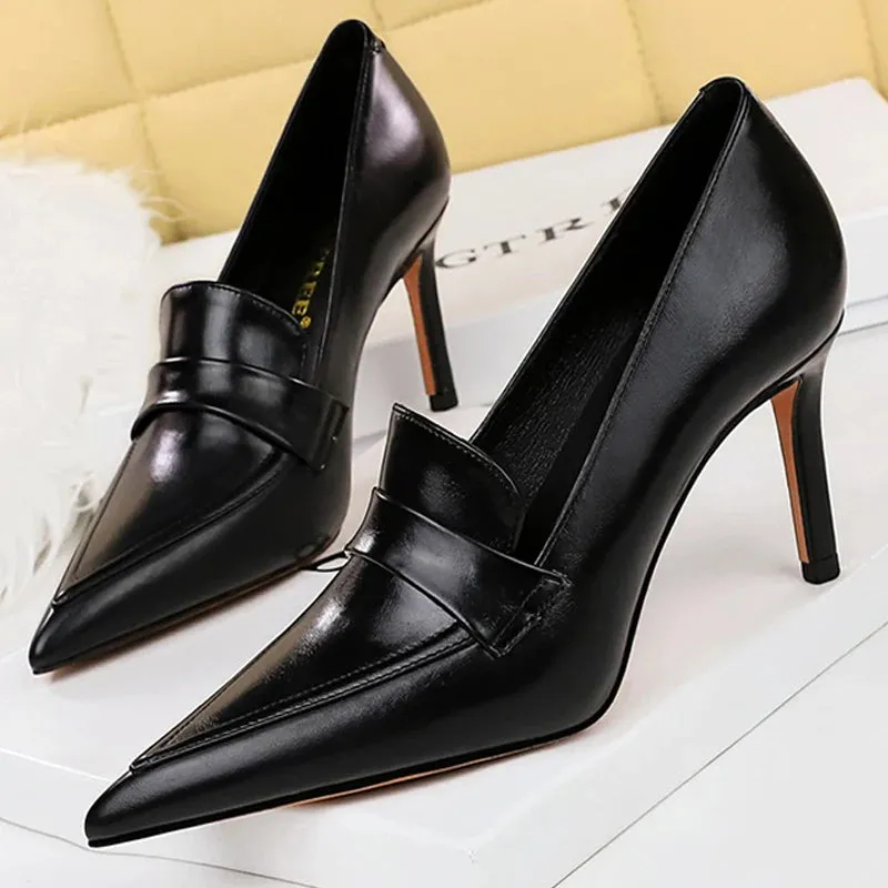 Retro Pointed Toe Women Pumps Leather Shoes High Heels Versatile Stilettos Elegant Women Heels
