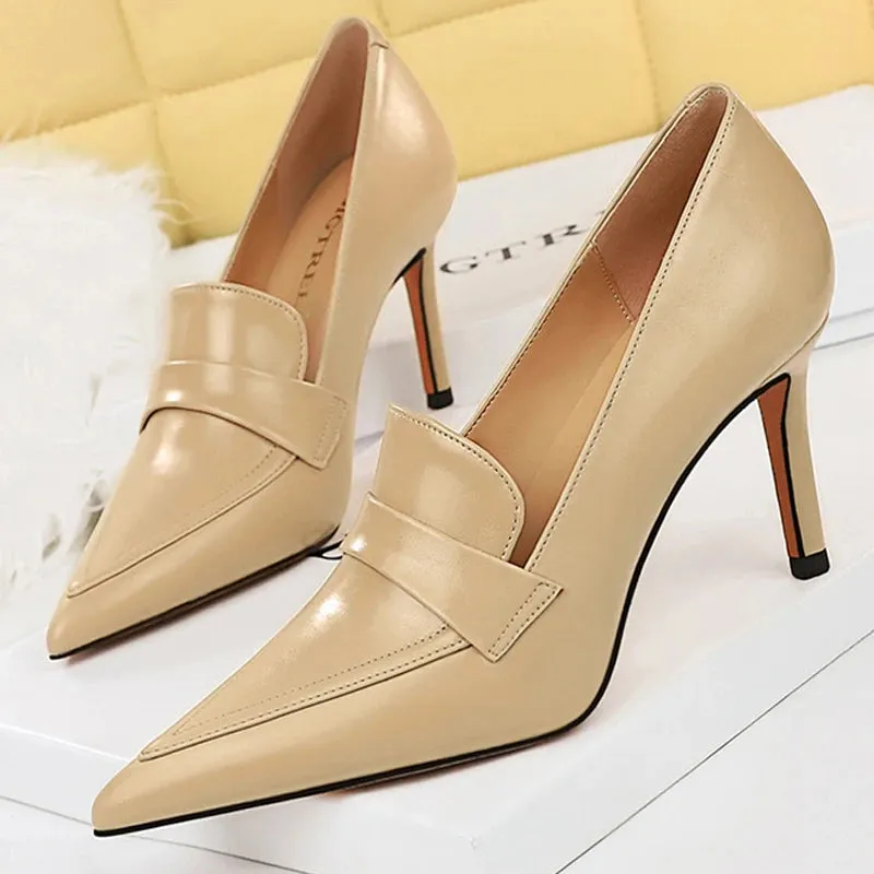 Retro Pointed Toe Women Pumps Leather Shoes High Heels Versatile Stilettos Elegant Women Heels