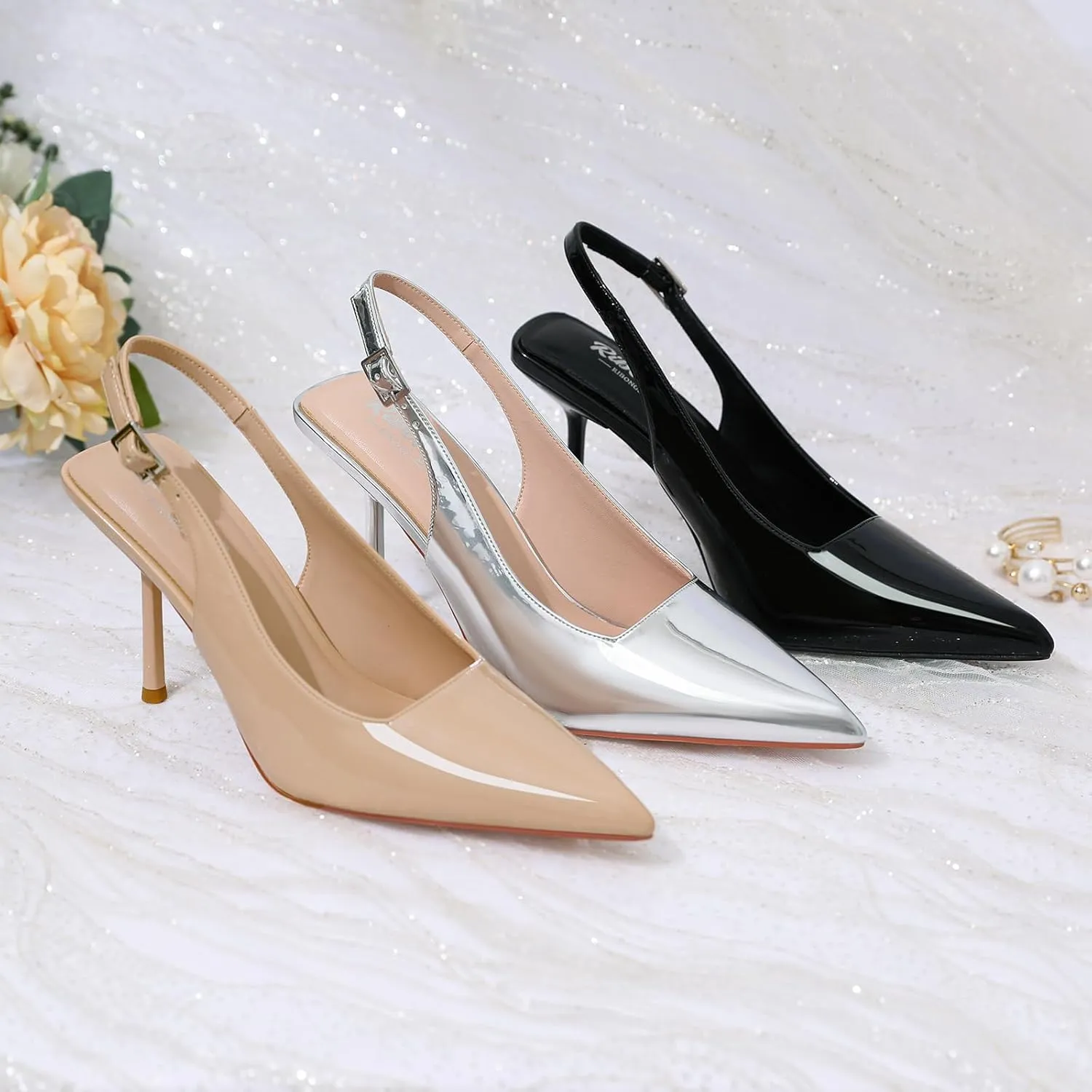 RIBONGZ Sexy Slingback Pumps Elegant Dressy Heels for Women Closed Toe Pointy High Heels Wedding Bride Prom Party Evening Shoes