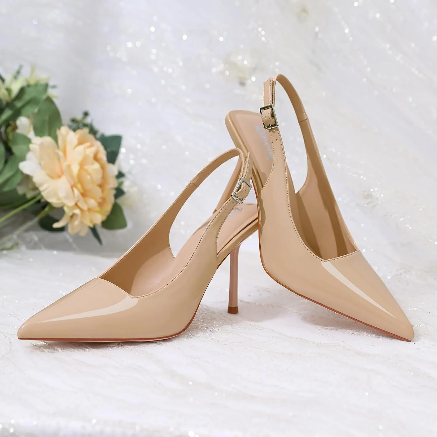 RIBONGZ Sexy Slingback Pumps Elegant Dressy Heels for Women Closed Toe Pointy High Heels Wedding Bride Prom Party Evening Shoes