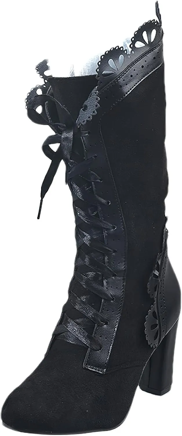 rismart Sweet Victorian Mid-Calf Boots for Women Lace Trim Round Toe High Heel Dress Boots