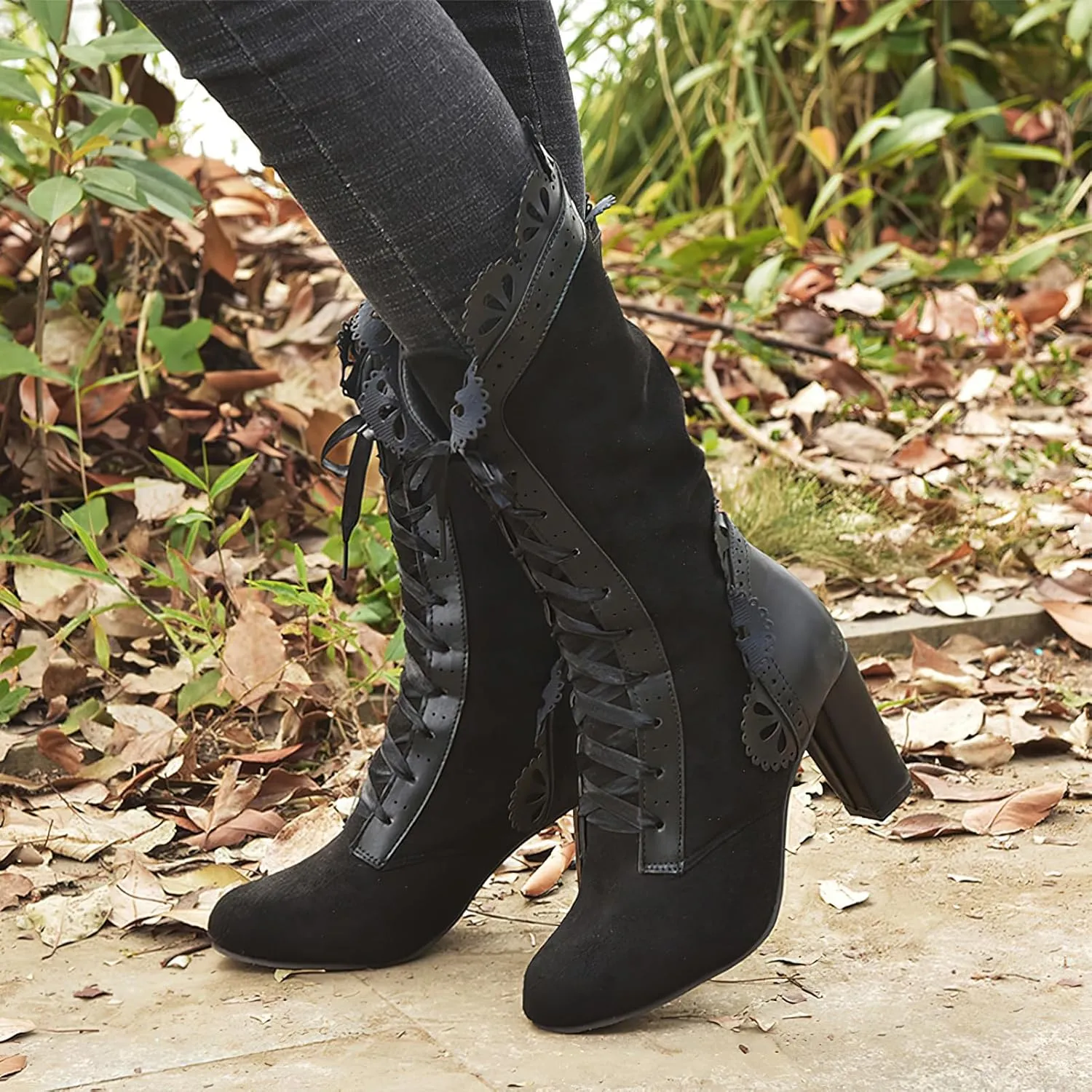 rismart Sweet Victorian Mid-Calf Boots for Women Lace Trim Round Toe High Heel Dress Boots