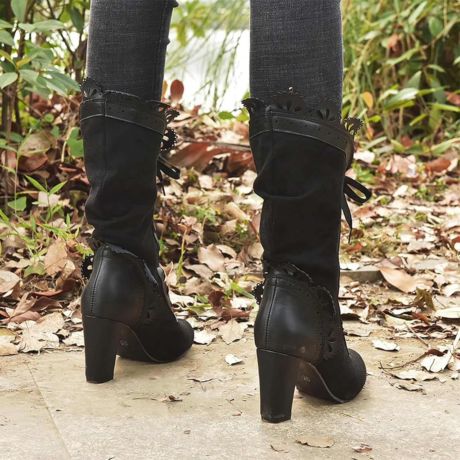 rismart Sweet Victorian Mid-Calf Boots for Women Lace Trim Round Toe High Heel Dress Boots