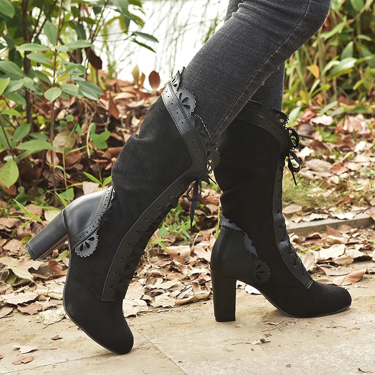 rismart Sweet Victorian Mid-Calf Boots for Women Lace Trim Round Toe High Heel Dress Boots