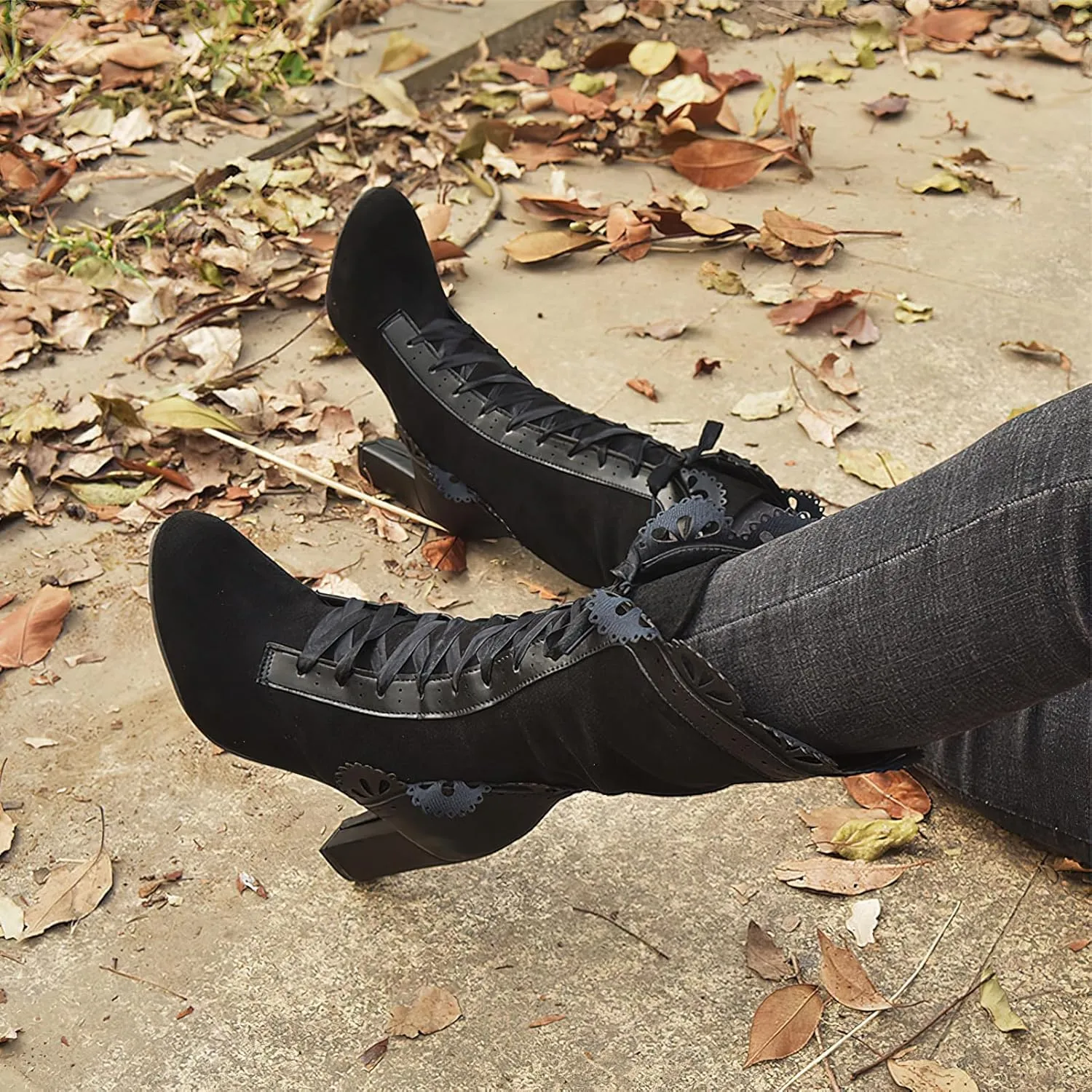 rismart Sweet Victorian Mid-Calf Boots for Women Lace Trim Round Toe High Heel Dress Boots