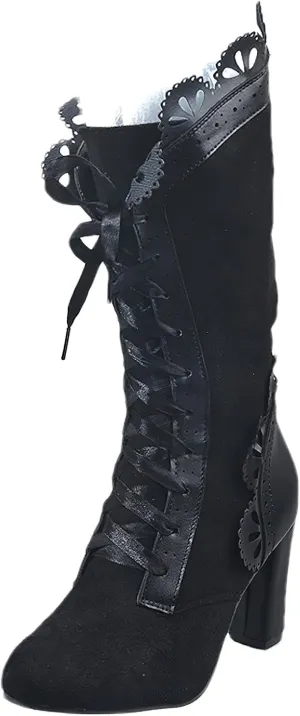 rismart Sweet Victorian Mid-Calf Boots for Women Lace Trim Round Toe High Heel Dress Boots