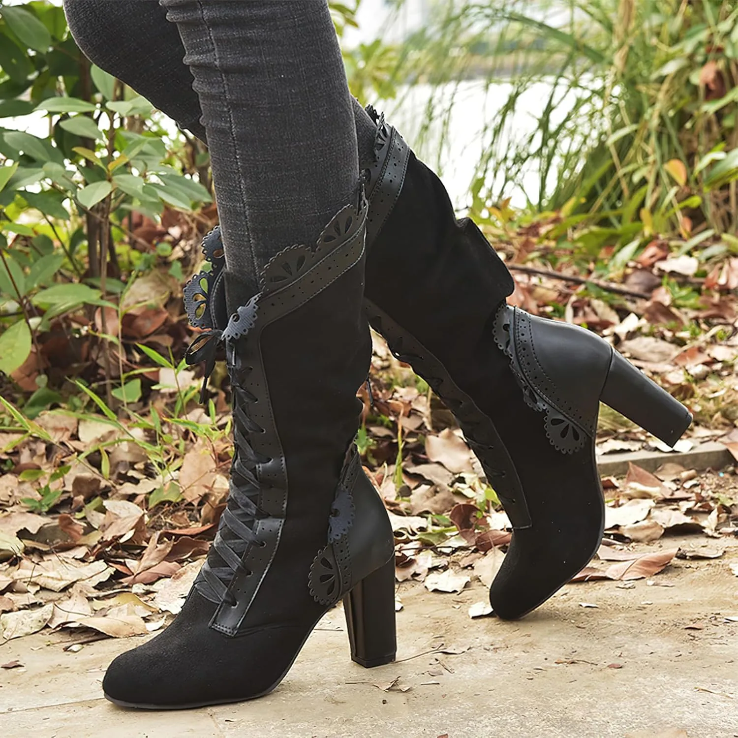 rismart Sweet Victorian Mid-Calf Boots for Women Lace Trim Round Toe High Heel Dress Boots