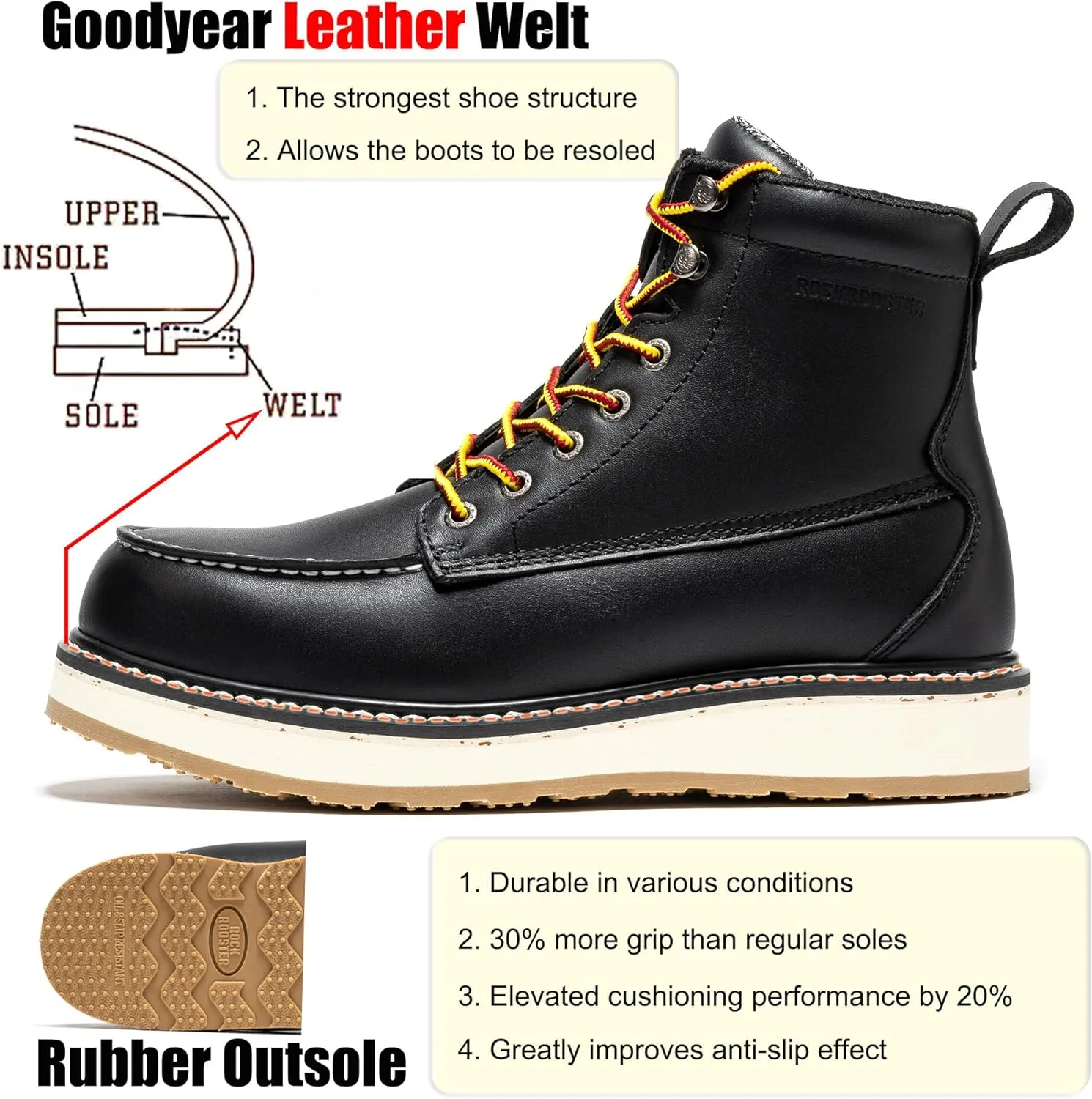 ROCKROOSTER Steel Toe Wedge Work Boots for Men with Moc Toe, 6 inch Durable Comfortable Work Boot(VAP2301)