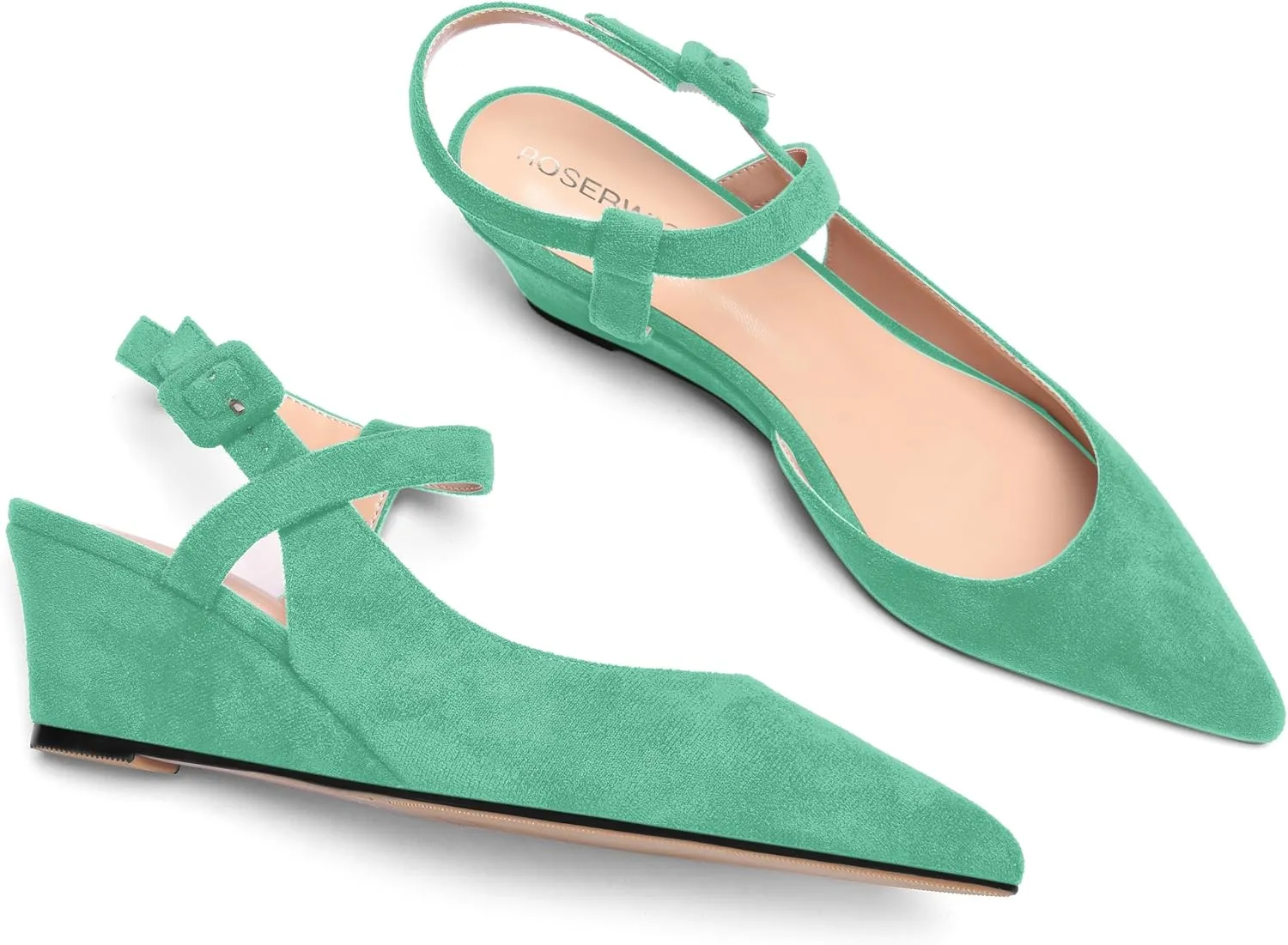 ROSERWISH Womens Buckle Ankle Strap Wedding Suede Fashion Elegant Pointed Toe Wedge Low Heel Pumps Dress Shoes 2 Inch