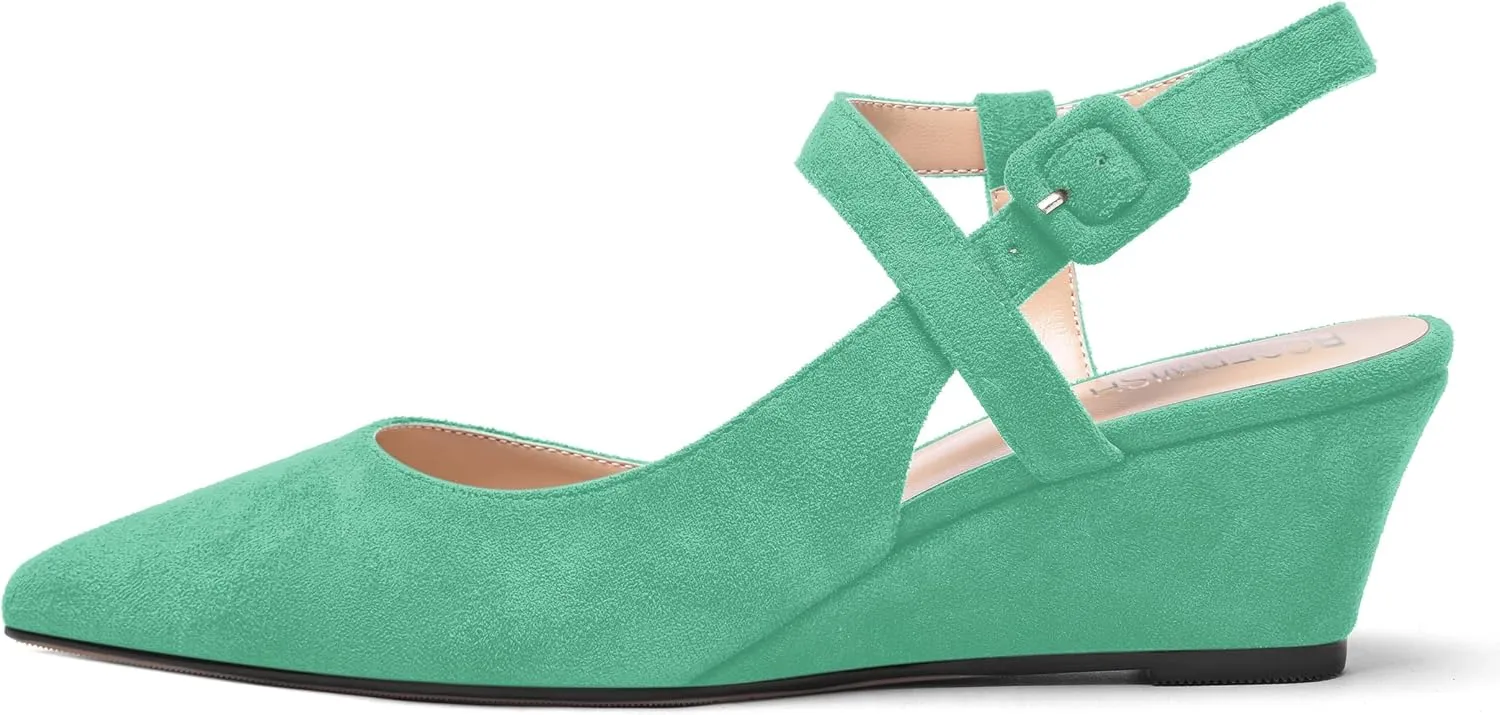 ROSERWISH Womens Buckle Ankle Strap Wedding Suede Fashion Elegant Pointed Toe Wedge Low Heel Pumps Dress Shoes 2 Inch