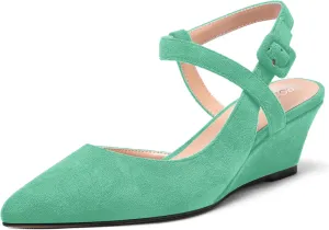 ROSERWISH Womens Buckle Ankle Strap Wedding Suede Fashion Elegant Pointed Toe Wedge Low Heel Pumps Dress Shoes 2 Inch
