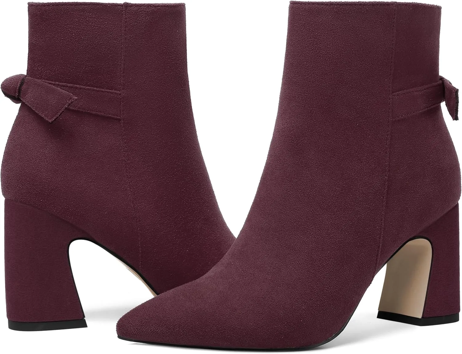 ROSERWISH Womens Fashion Pointed Toe Zip Wedding Elegant Suede Bow Block High Heel Ankle High Boots 3.3 Inch