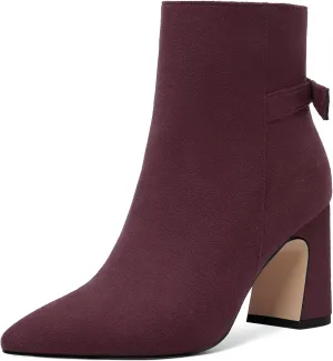 ROSERWISH Womens Fashion Pointed Toe Zip Wedding Elegant Suede Bow Block High Heel Ankle High Boots 3.3 Inch