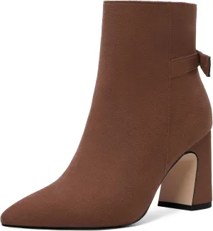 ROSERWISH Womens Fashion Pointed Toe Zip Wedding Elegant Suede Bow Block High Heel Ankle High Boots 3.3 Inch