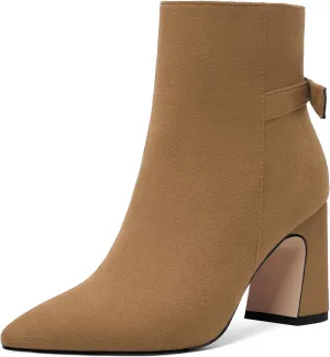 ROSERWISH Womens Fashion Pointed Toe Zip Wedding Elegant Suede Bow Block High Heel Ankle High Boots 3.3 Inch