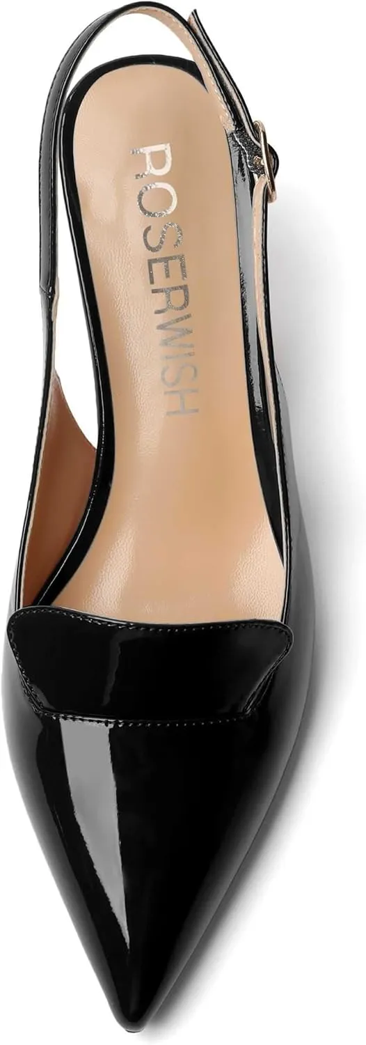 ROSERWISH Womens Sexy Elegant Slingback Patent Pointed Toe Work Stiletto Mid Heel Pumps Dress Shoes 2.5 Inch