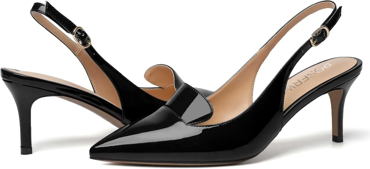 ROSERWISH Womens Sexy Elegant Slingback Patent Pointed Toe Work Stiletto Mid Heel Pumps Dress Shoes 2.5 Inch