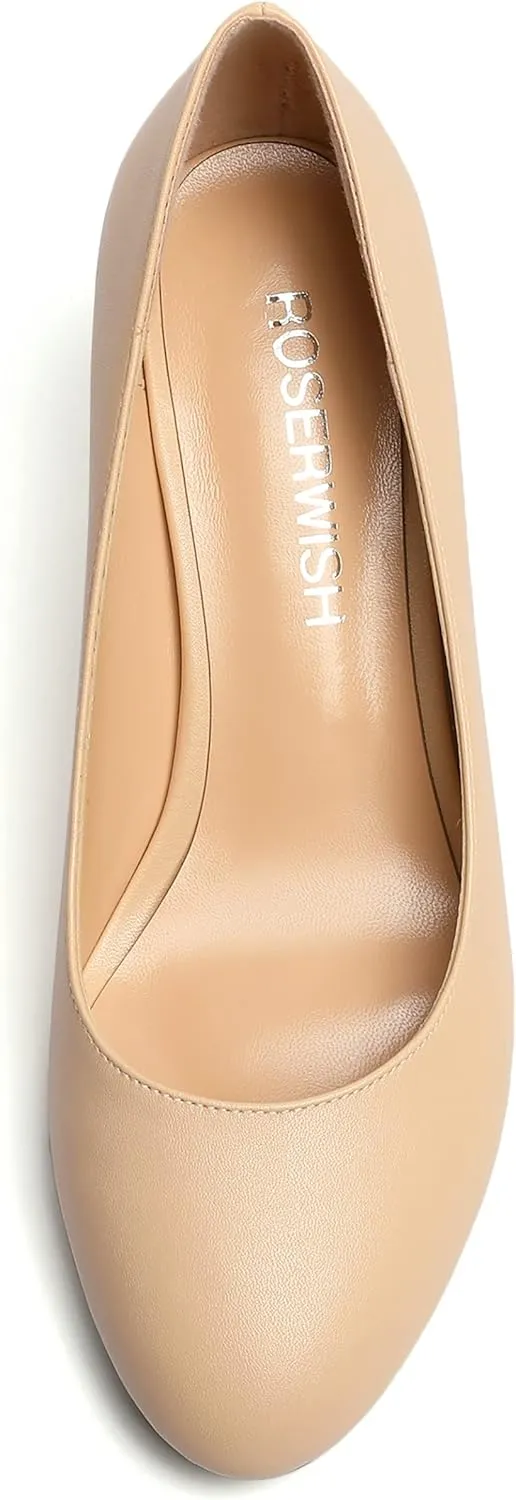 ROSERWISH Womens Slip On Wedding Party Round Toe Sexy Elegant Stiletto Mid Heel Pumps Dress Shoes 2.5 Inch