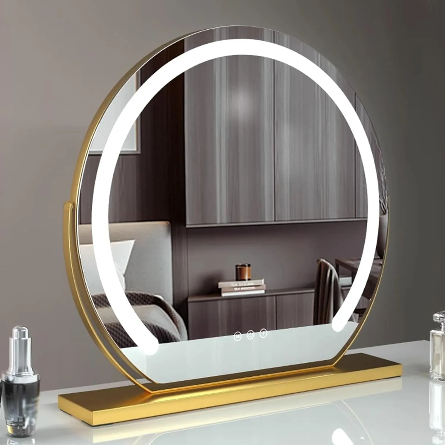 Round Standing Makeup Mirror, Hollywood Vanity Mirror with Dimmable LED Lights, 3 Lighting Modes Smart Touch Control 360° Rotation Dressing Table Mirror, Tabletop and Desk Mirror(Gold,60cm)