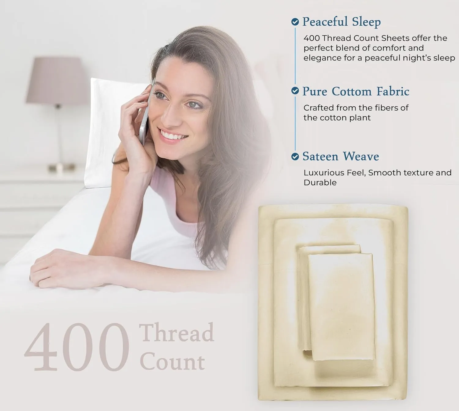 ROYALE LINENS 400 Thread Count 100% American Grown Cotton 4 Piece Sateen Full Sheet Set - 1 Fitted, 1 Flat Sheet, 2 Pillow case - Sand Bedsheet Set - Cooling Cotton Sheets - (Full, Moroccan Sand)