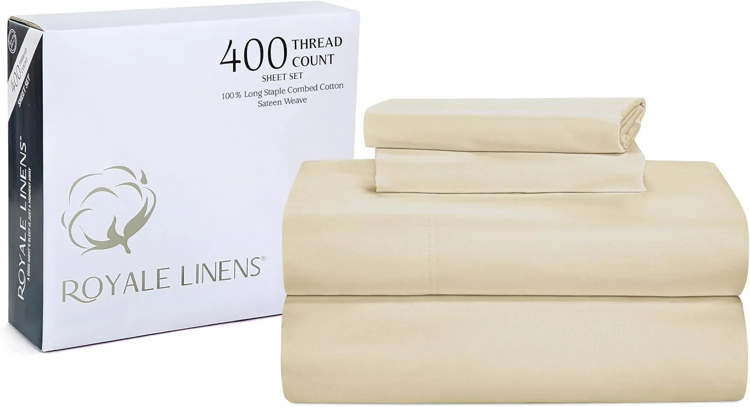 ROYALE LINENS 400 Thread Count 100% American Grown Cotton 4 Piece Sateen Full Sheet Set - 1 Fitted, 1 Flat Sheet, 2 Pillow case - Sand Bedsheet Set - Cooling Cotton Sheets - (Full, Moroccan Sand)