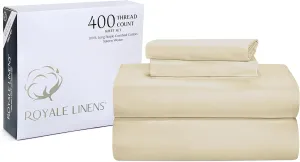 ROYALE LINENS 400 Thread Count 100% American Grown Cotton 4 Piece Sateen Full Sheet Set - 1 Fitted, 1 Flat Sheet, 2 Pillow case - Sand Bedsheet Set - Cooling Cotton Sheets - (Full, Moroccan Sand)