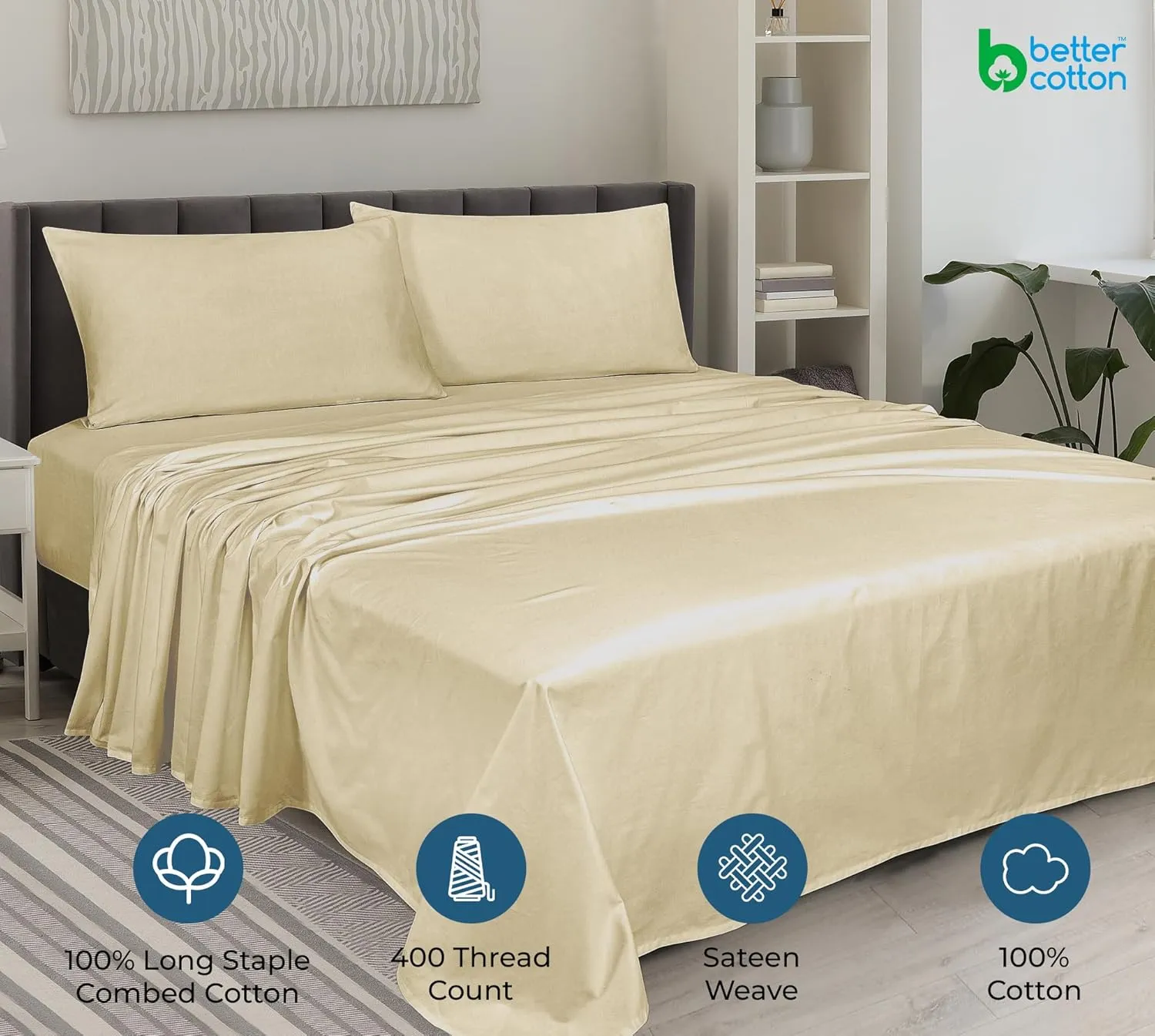 ROYALE LINENS 400 Thread Count 100% American Grown Cotton 4 Piece Sateen Full Sheet Set - 1 Fitted, 1 Flat Sheet, 2 Pillow case - Sand Bedsheet Set - Cooling Cotton Sheets - (Full, Moroccan Sand)