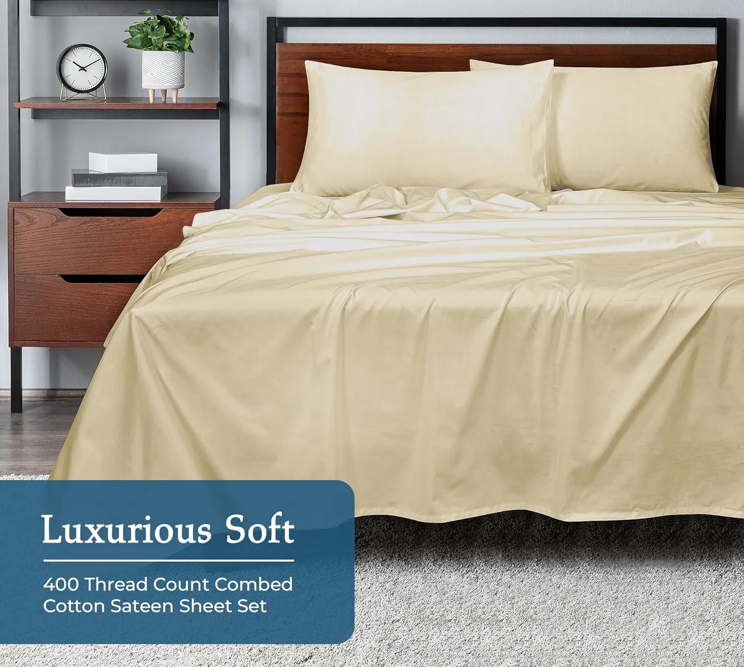 ROYALE LINENS 400 Thread Count 100% American Grown Cotton 4 Piece Sateen Full Sheet Set - 1 Fitted, 1 Flat Sheet, 2 Pillow case - Sand Bedsheet Set - Cooling Cotton Sheets - (Full, Moroccan Sand)
