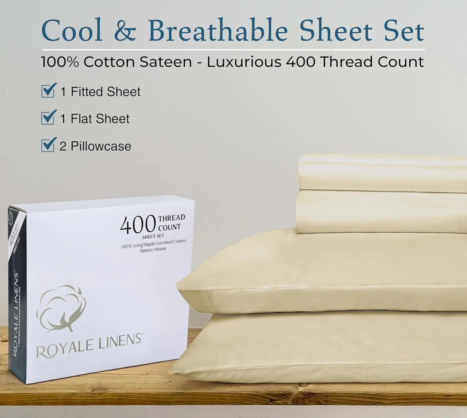 ROYALE LINENS 400 Thread Count 100% American Grown Cotton 4 Piece Sateen Full Sheet Set - 1 Fitted, 1 Flat Sheet, 2 Pillow case - Sand Bedsheet Set - Cooling Cotton Sheets - (Full, Moroccan Sand)