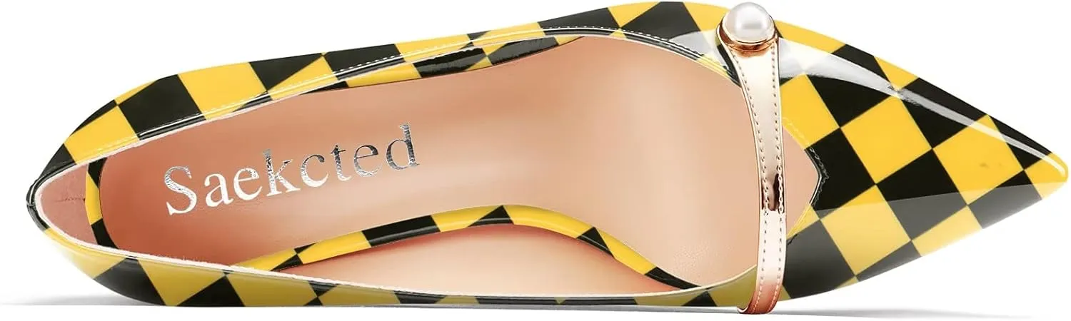 Saekcted Women Chunky Block Mid Heel Pointed Toe Pumps Slip-on Pearls Prom Dress 2.6 Inches Heels