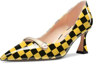Saekcted Women Chunky Block Mid Heel Pointed Toe Pumps Slip-on Pearls Prom Dress 2.6 Inches Heels