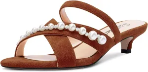Saekcted Women Low Kitten Heel Peep Open Toe Sandals Slip-on Pearls Casual Dress 1.4 Inches Heels