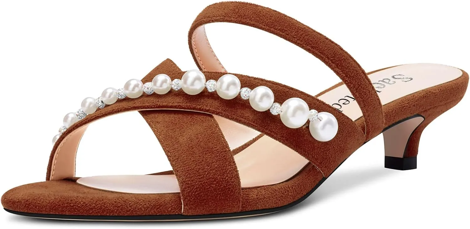 Saekcted Women Low Kitten Heel Peep Open Toe Sandals Slip-on Pearls Casual Dress 1.4 Inches Heels