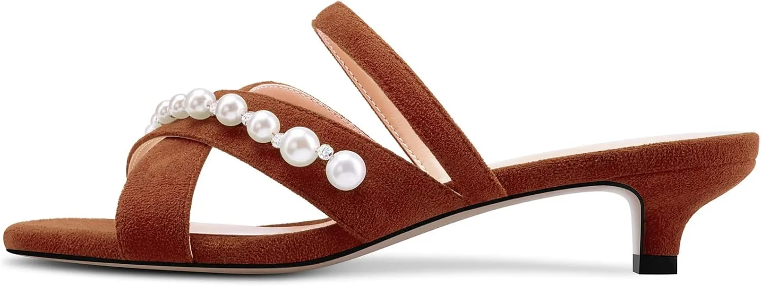 Saekcted Women Low Kitten Heel Peep Open Toe Sandals Slip-on Pearls Casual Dress 1.4 Inches Heels