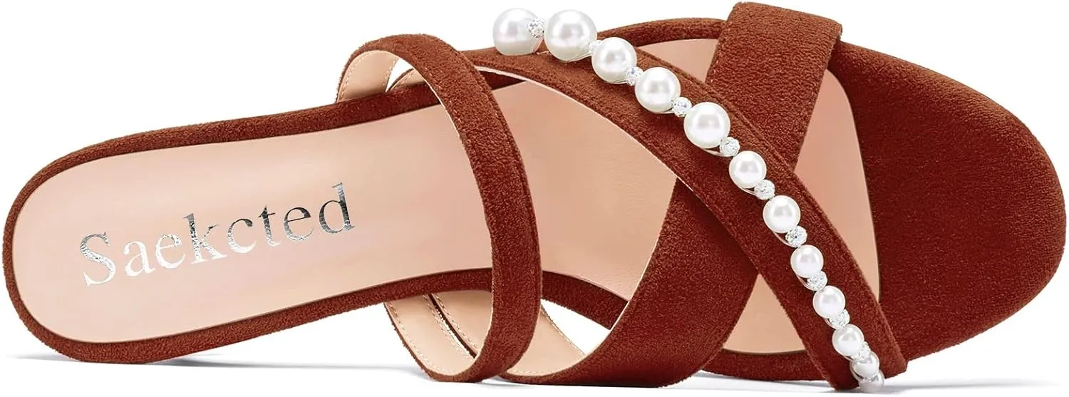 Saekcted Women Low Kitten Heel Peep Open Toe Sandals Slip-on Pearls Casual Dress 1.4 Inches Heels