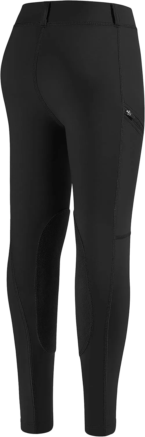 SANTINY Girls Horse Riding Pants with Zipper Pockets Kids Stretchy Equestrian Breeches Knee-Patch Youth Schooling Tights