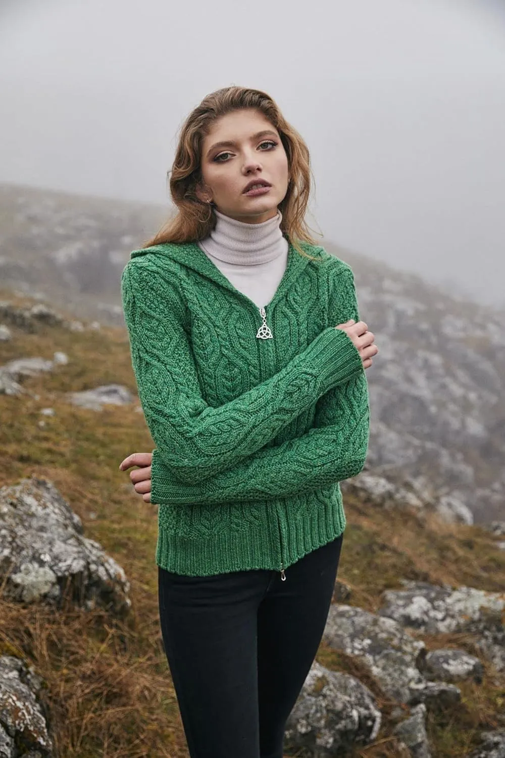 SAOL 100% Merino Wool Ladies Hooded Zipped Cardigan Sweater