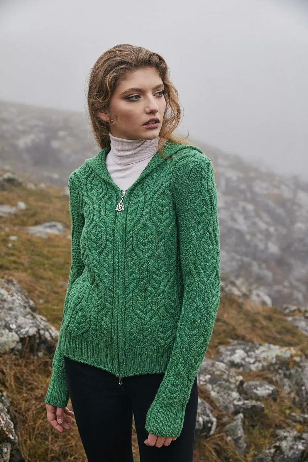 SAOL 100% Merino Wool Ladies Hooded Zipped Cardigan Sweater