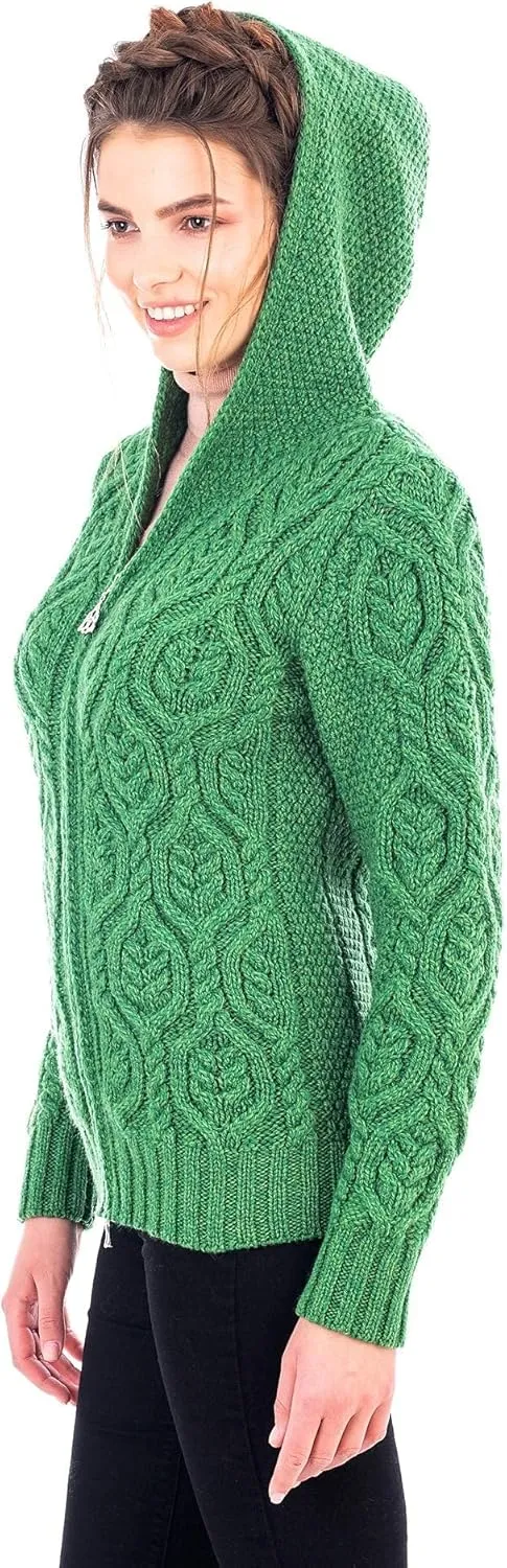 SAOL 100% Merino Wool Ladies Hooded Zipped Cardigan Sweater